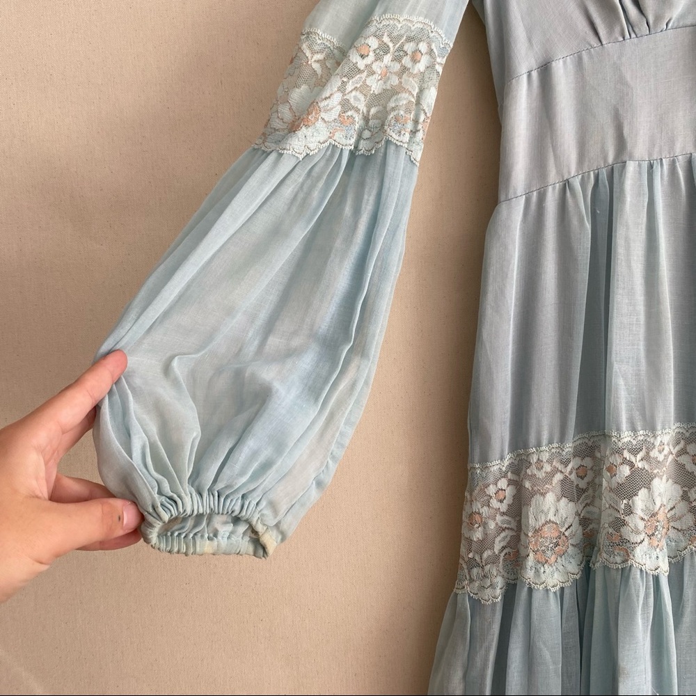 Vintage 70s Blue Long Poet Sleeve Prairie Maxi Dress Gunne Sax Like Thrashed XS - Picture 5 of 10